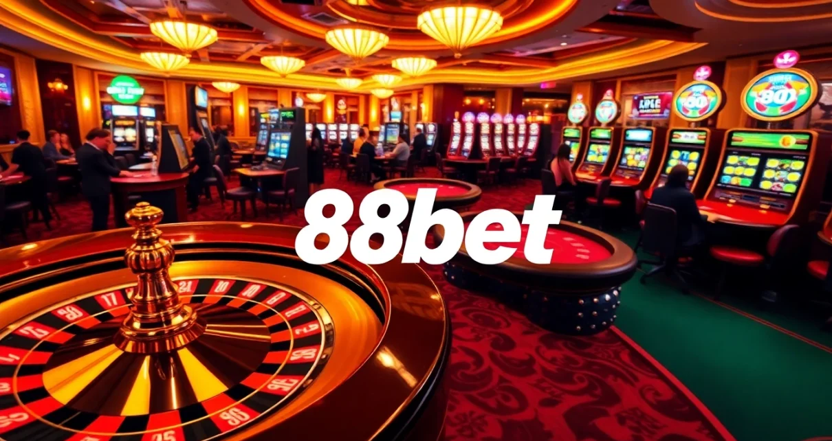 Players engaging with a lavish 88bet casino atmosphere, featuring poker tables and roulette wheels.
