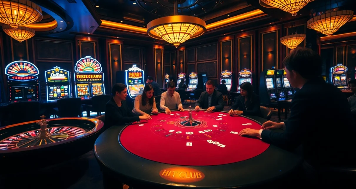 Hit Club gaming experience with players at a poker table, roulette wheel, and slot machines.