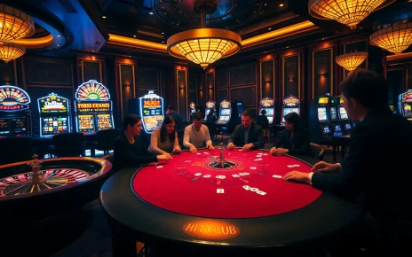 Hit Club gaming experience with players at a poker table, roulette wheel, and slot machines.