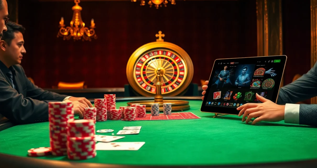 Professional players engage in a poker game at Trang chủ 789club, featuring elegant poker chips and cards.