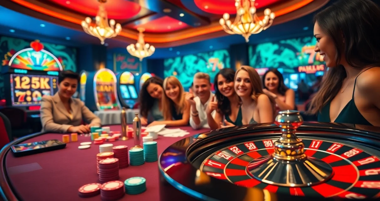 Engaged players at a casino table with 789p, showcasing chips, cards, and vibrant slot machines.