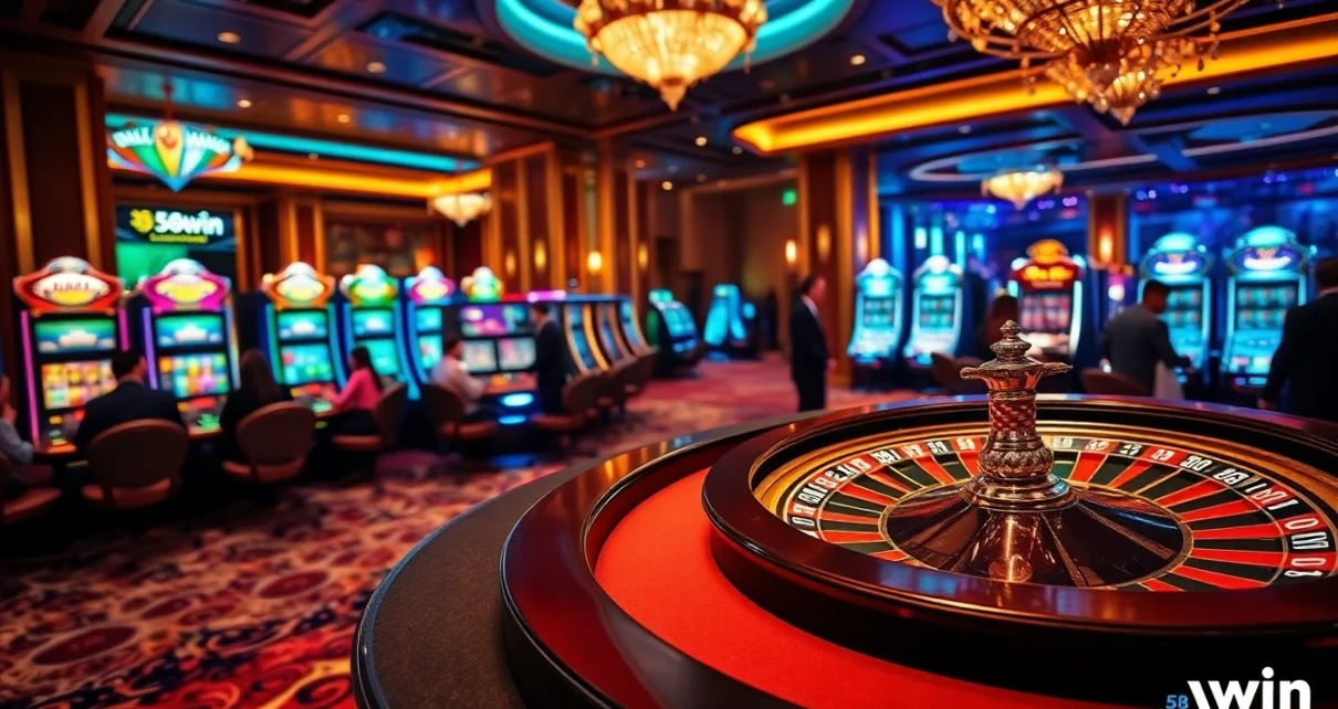 Experience high-stakes excitement at 58win's luxurious casino tables and vibrant gaming atmosphere.