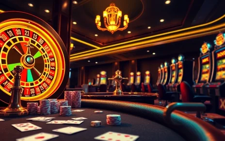 Experience thrilling gaming at ku bet with vibrant casino tables, poker chips, and roulette wheels.