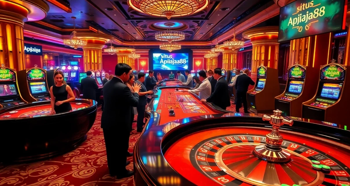 situs apiraja88 vibrant casino scene with roulette wheel, poker chips, and slot machines