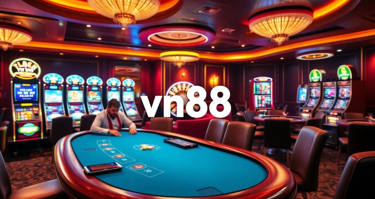 Experience thrilling games at vn88 casino with poker tables and vibrant slot machines.