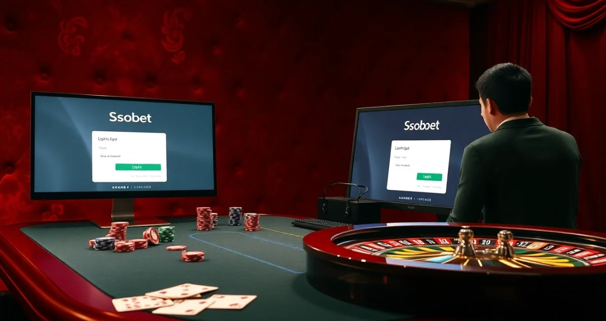 Engage with sbobet login on a sleek device at a vibrant, luxurious casino table filled with cards and chips.