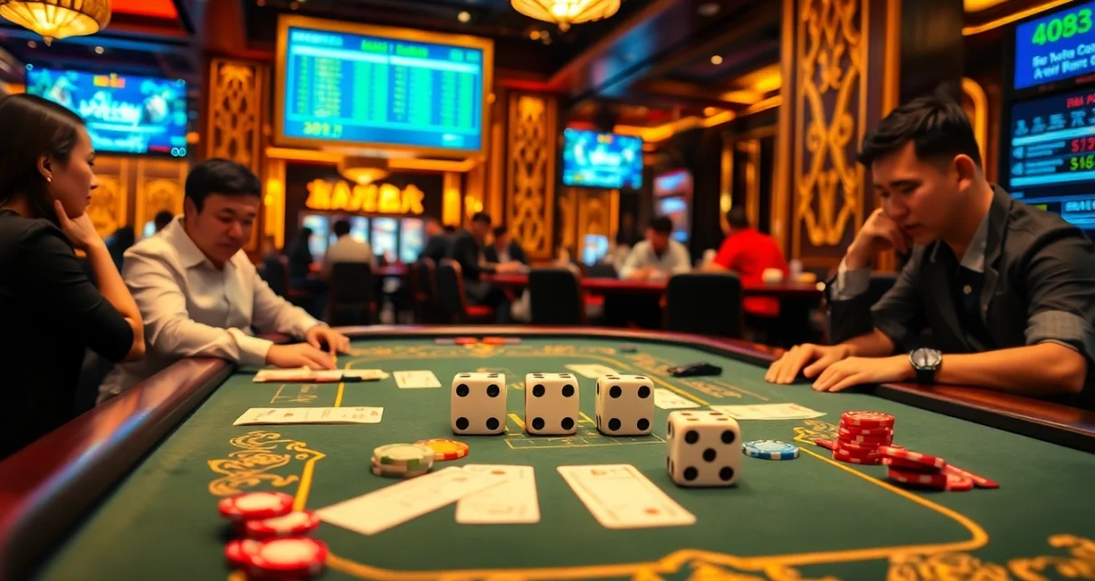 Experience the thrill of the game tài xỉu at a luxurious online casino table, showcasing dice and vibrant betting slips.
