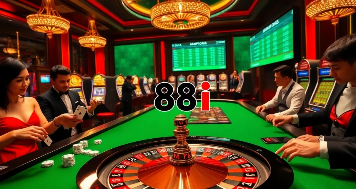 A thrilling casino scene with players enjoying games at 88i, featuring roulette, dice, and poker chips.