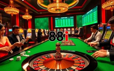 A thrilling casino scene with players enjoying games at 88i, featuring roulette, dice, and poker chips.
