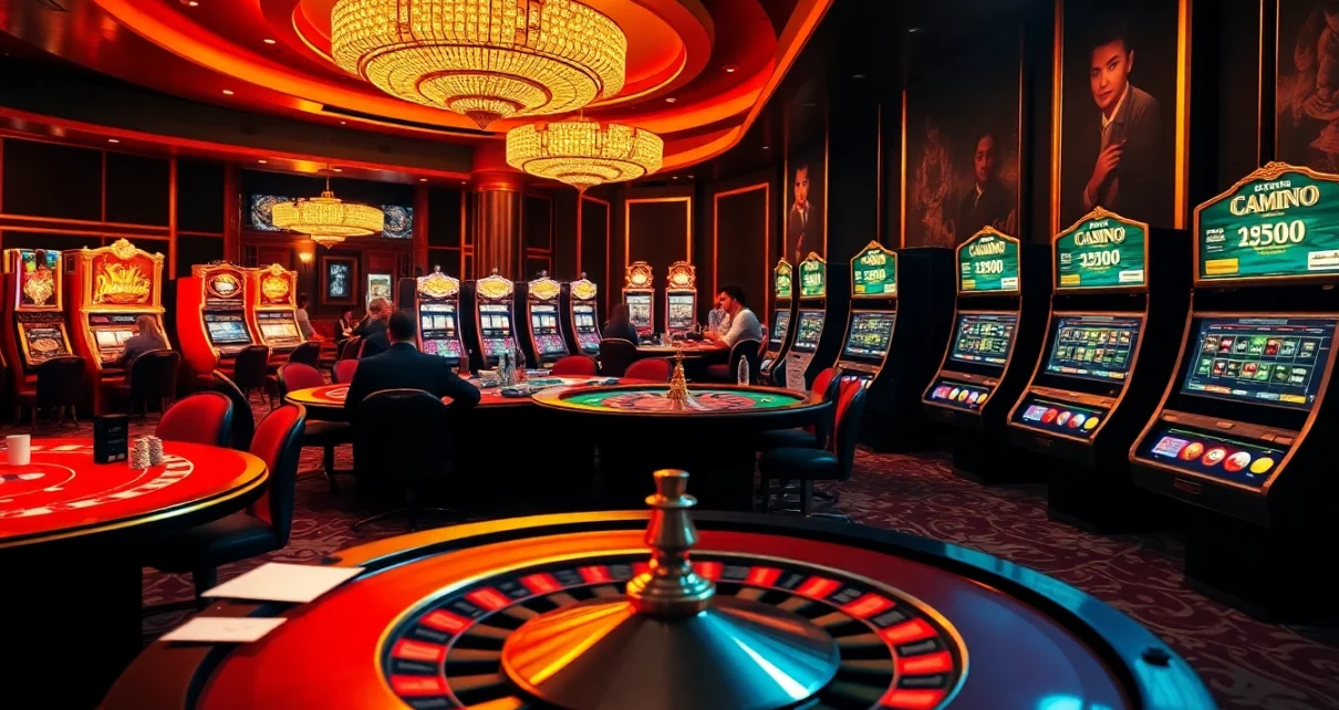 Experience the thrill of gambling at situs apiraja88 with vibrant slot machines, poker chips, and engaged players.