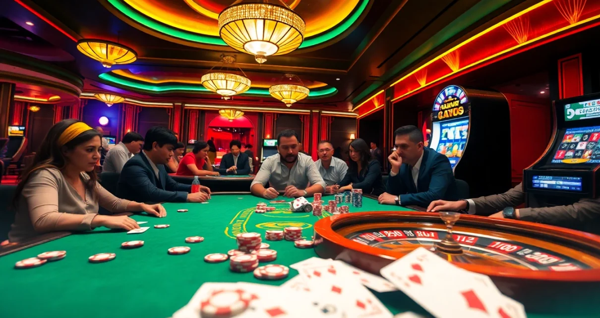 The bustling casino atmosphere with a poker table and the dynamic mmoo link for online gaming excitement.