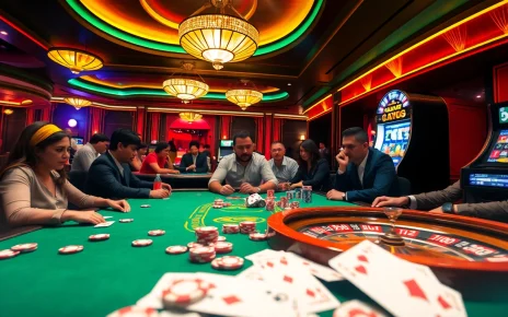 The bustling casino atmosphere with a poker table and the dynamic mmoo link for online gaming excitement.