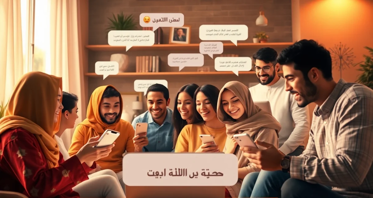 غرفة دردشة عبر الإنترنت لشات عربي مع مشاركين متنوعين يستخدمون أجهزة متعددة.