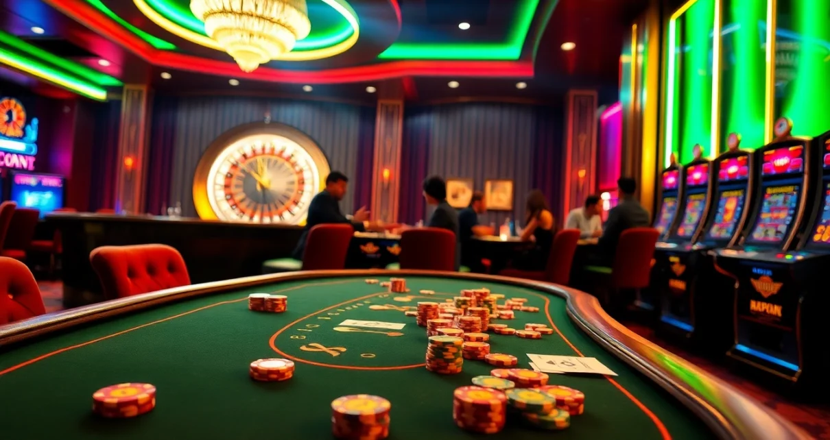 Hit Club themed casino scene showcasing poker tables, roulette wheels, and vibrant gambling excitement.