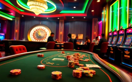 Hit Club themed casino scene showcasing poker tables, roulette wheels, and vibrant gambling excitement.