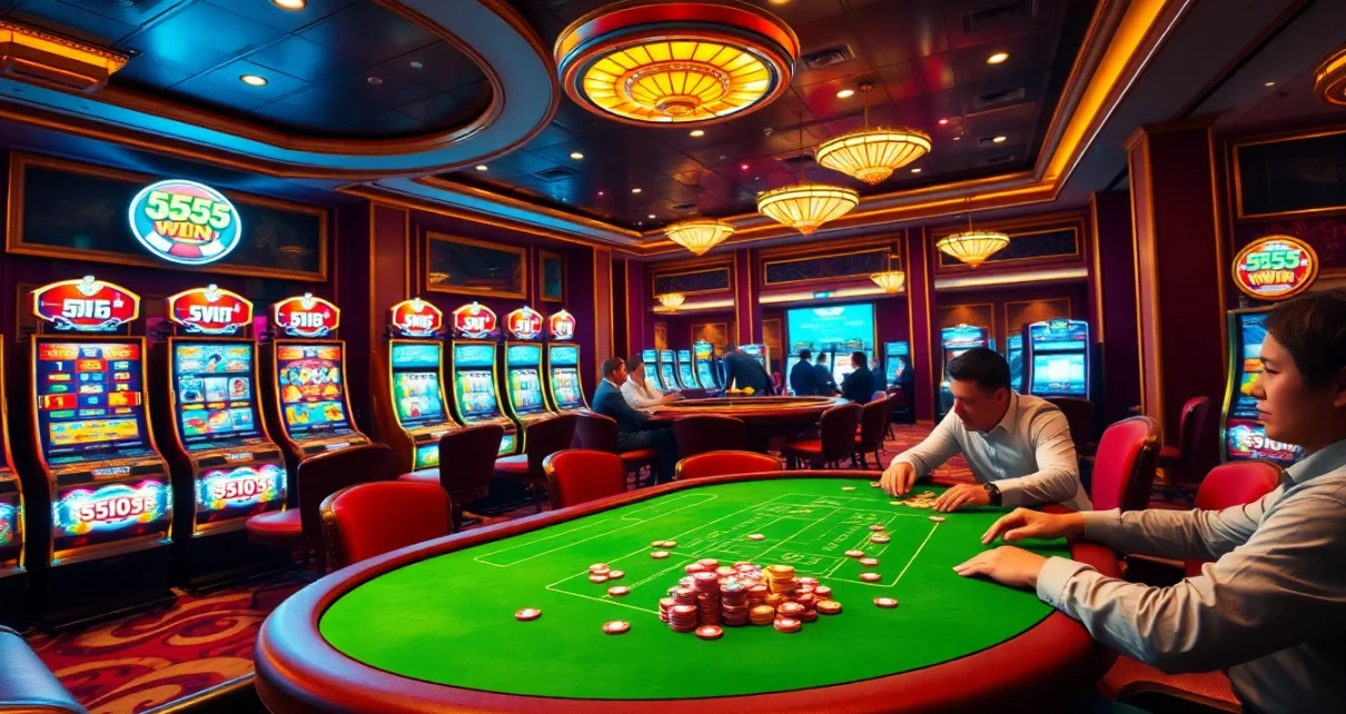 Experience the thrill of 555 win at a luxurious casino with vibrant slot machines and poker tables.