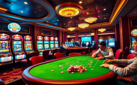 Experience the thrill of 555 win at a luxurious casino with vibrant slot machines and poker tables.