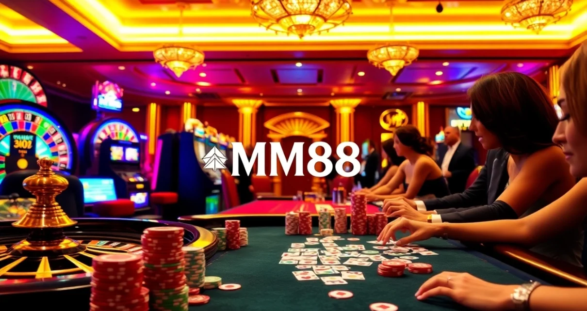 Players enjoying a thrilling game scene at MM88 casino with vibrant roulette wheel and poker tables.