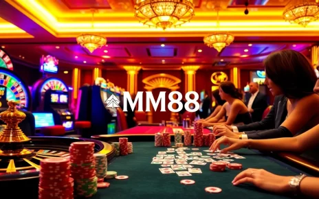Players enjoying a thrilling game scene at MM88 casino with vibrant roulette wheel and poker tables.