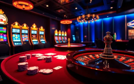 Engaged gamblers at a poker table and slot machines highlight https://kuwinblog.com/'s thrilling casino atmosphere.