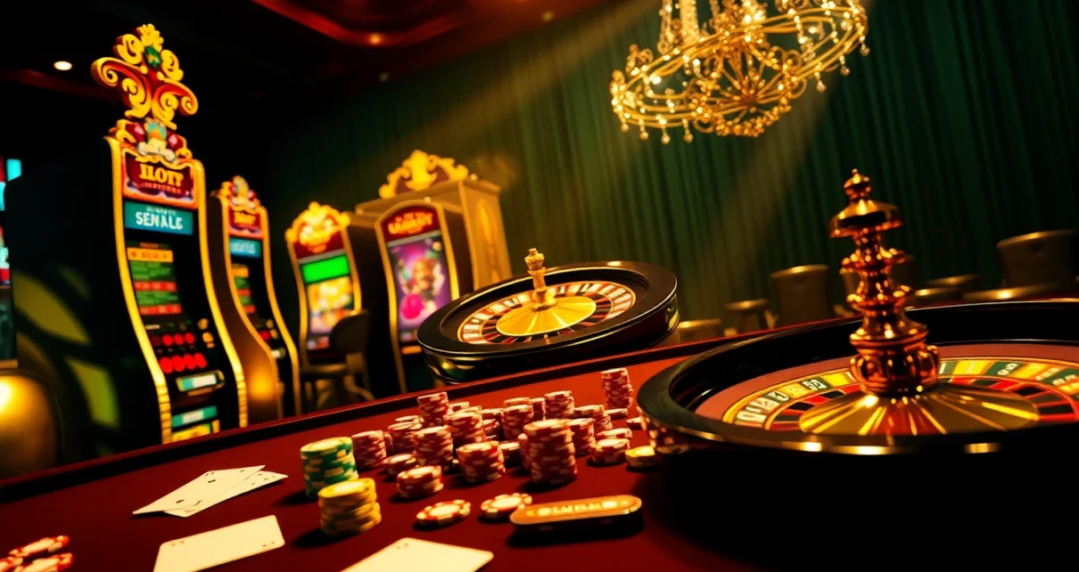 Experience the thrilling action of online gambling at https://ok8386.sh/ with luxurious casino elements like slot machines and poker chips.