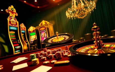 Experience the thrilling action of online gambling at https://ok8386.sh/ with luxurious casino elements like slot machines and poker chips.