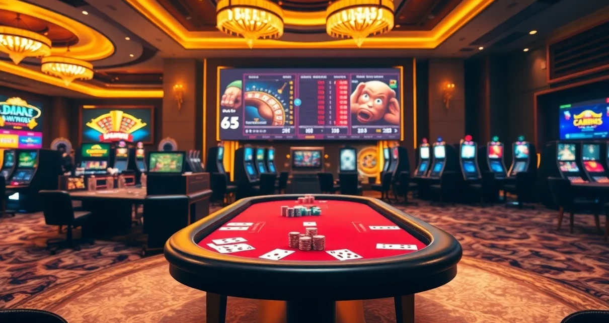Engage in thrilling gameplay at https://23wini.online with a vibrant casino scene showcasing card games and slots.