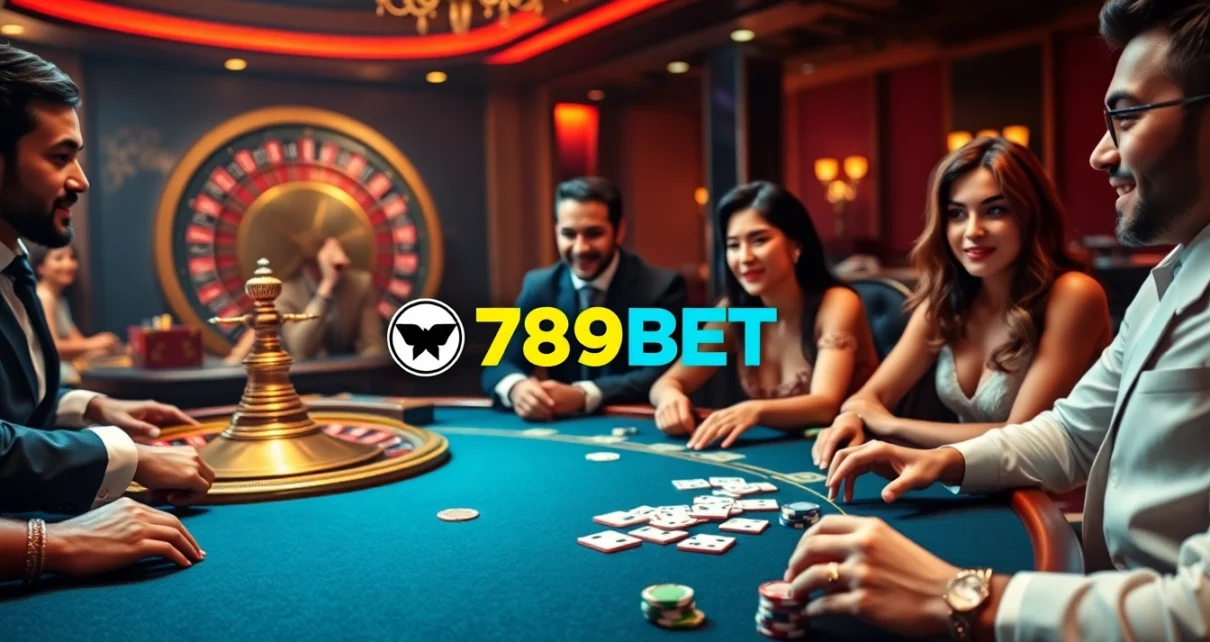 Players enjoying a high-stakes game at a luxurious 789BET casino table with vibrant chips and cards.
