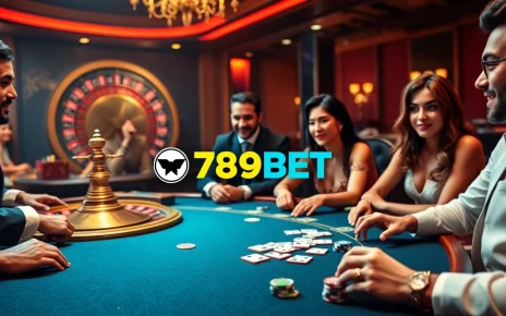 Players enjoying a high-stakes game at a luxurious 789BET casino table with vibrant chips and cards.