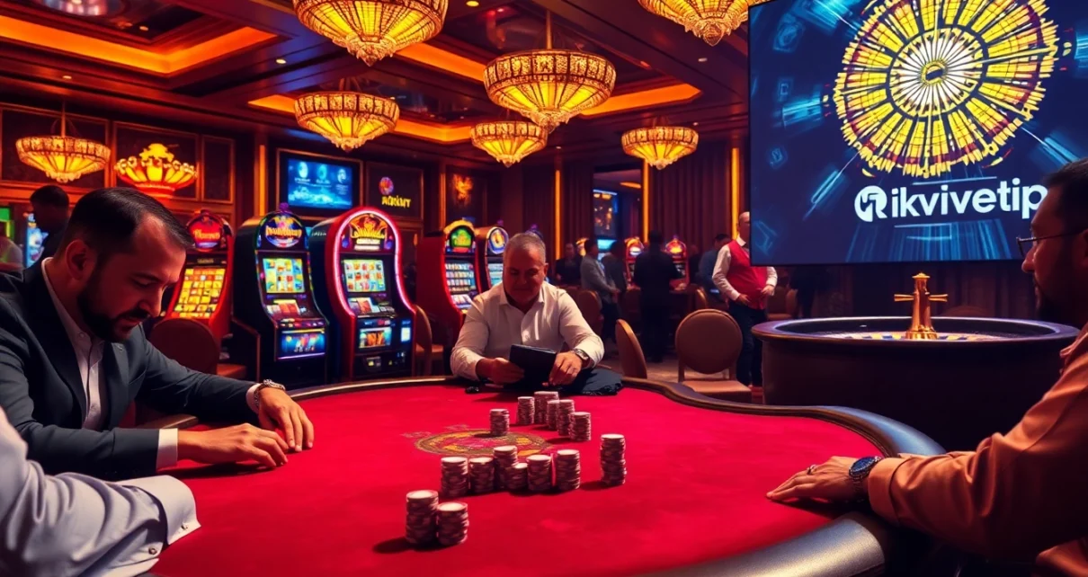 Experience the thrill of Rikvip at a high-stakes poker table with vibrant casino elements.