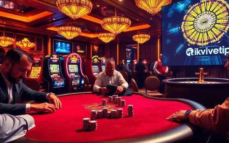 Experience the thrill of Rikvip at a high-stakes poker table with vibrant casino elements.