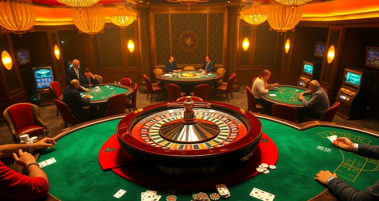 Exciting gameplay at Pushpa Club featuring roulette and poker tables in a luxurious casino atmosphere.