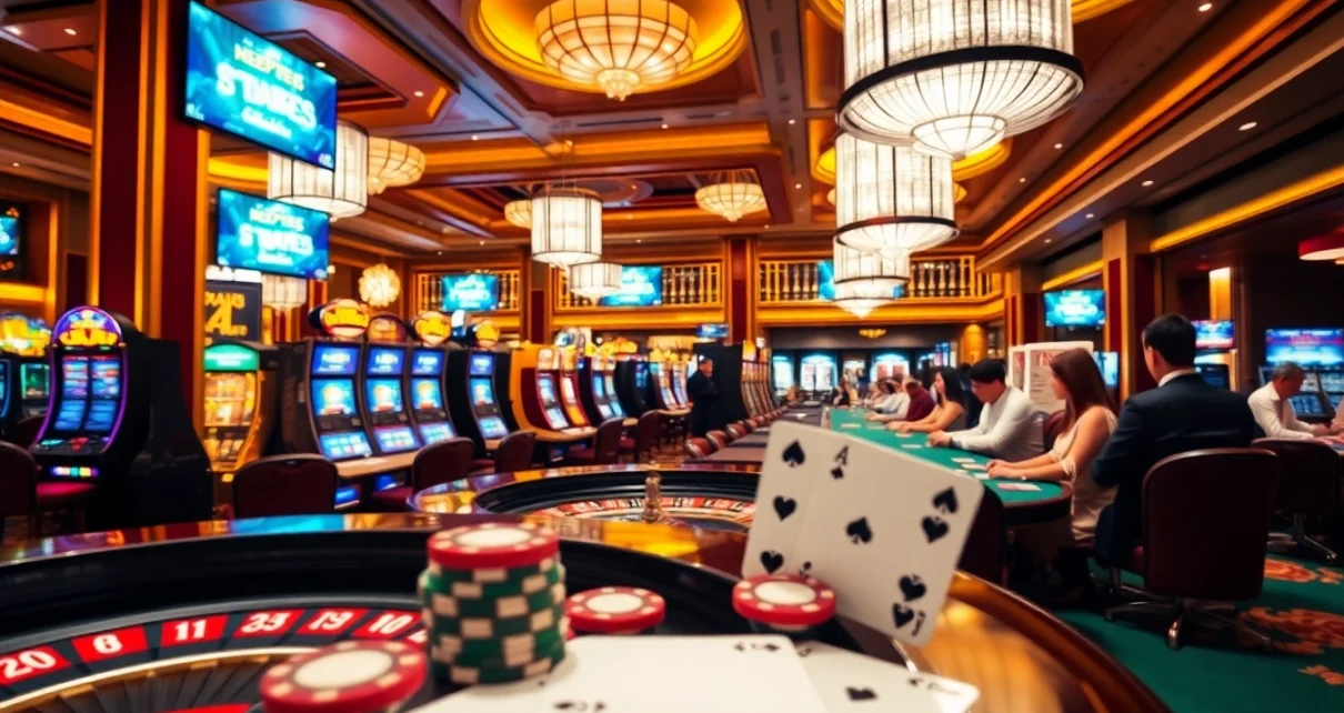 Engaging casino scene depicting players at tables and slot machines on https://ek333pro.com/ gaming floor.