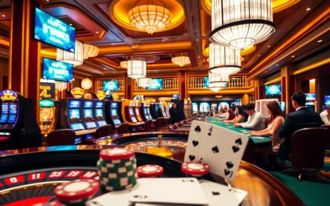 Engaging casino scene depicting players at tables and slot machines on https://ek333pro.com/ gaming floor.