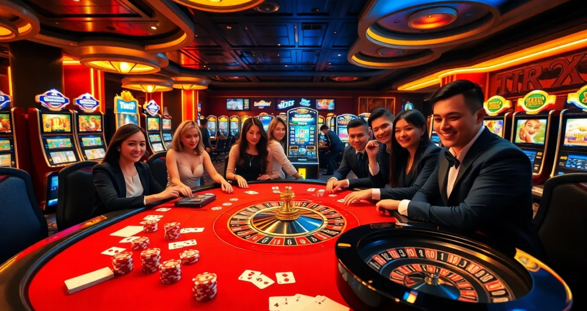 Players enjoy a thrilling TR88-themed casino experience with poker chips and slot machines.