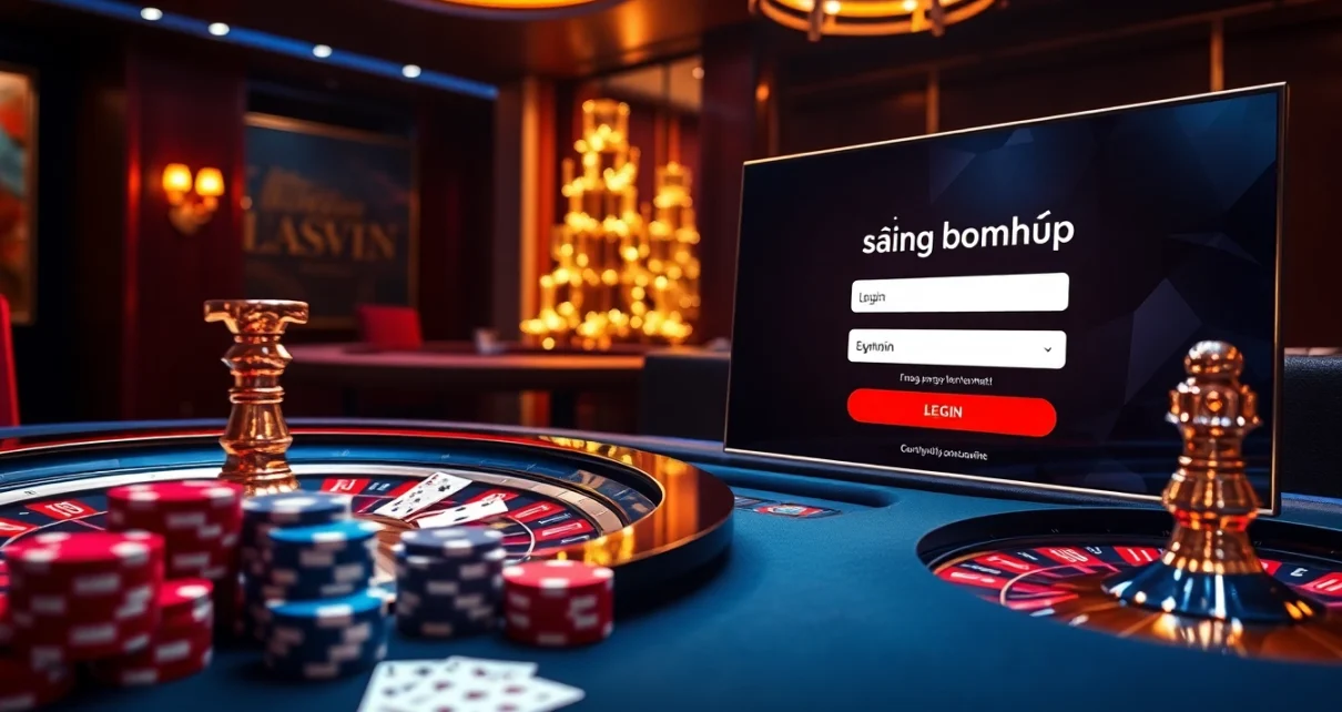 Engaging gambling scene showcasing Đăng nhập bomwin on a high-tech gaming screen with poker chips and cards.