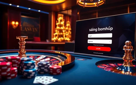 Engaging gambling scene showcasing Đăng nhập bomwin on a high-tech gaming screen with poker chips and cards.