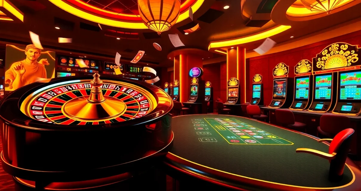 Experience the thrilling atmosphere of LV88.COM with colorful slot machines and a lively poker table.