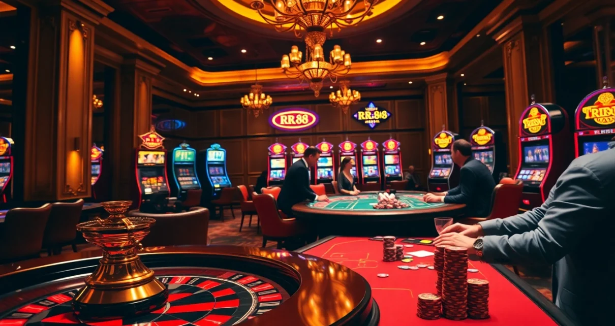 Experience the excitement of RR 88 at a luxurious casino table filled with poker chips and a roulette wheel.