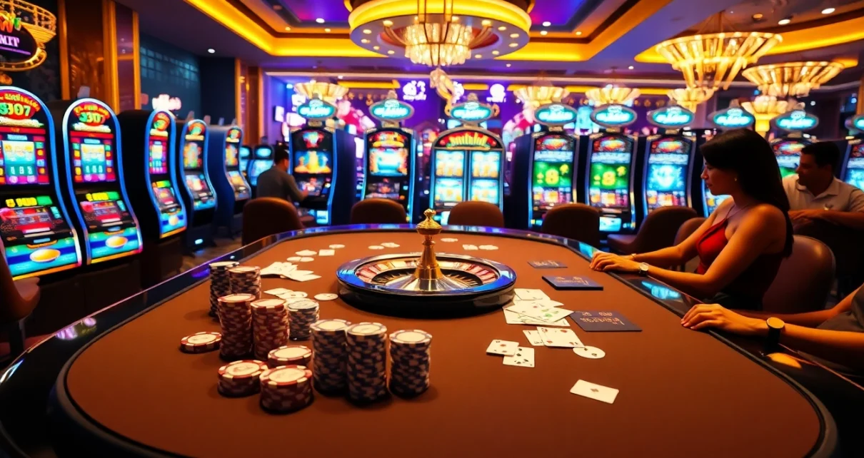 33WIN casino players eagerly engaging at a luxurious table with cards and chips.