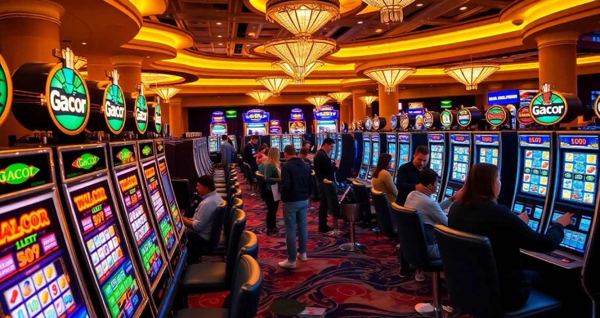 Players enjoying gacor slot machines with vibrant colors and casino elements in a luxurious setting.