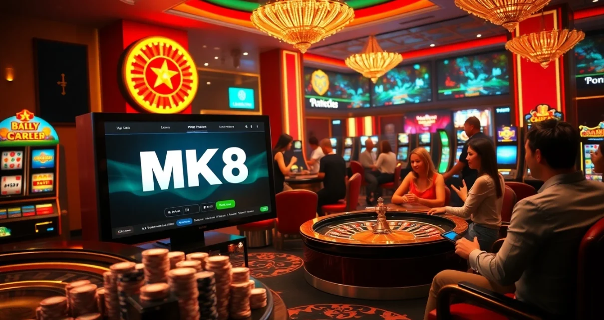 Engaged gamblers celebrate MK8's thrilling casino promotions and games in a luxurious setting.