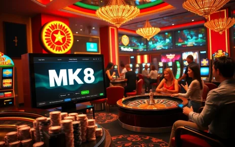 Engaged gamblers celebrate MK8's thrilling casino promotions and games in a luxurious setting.