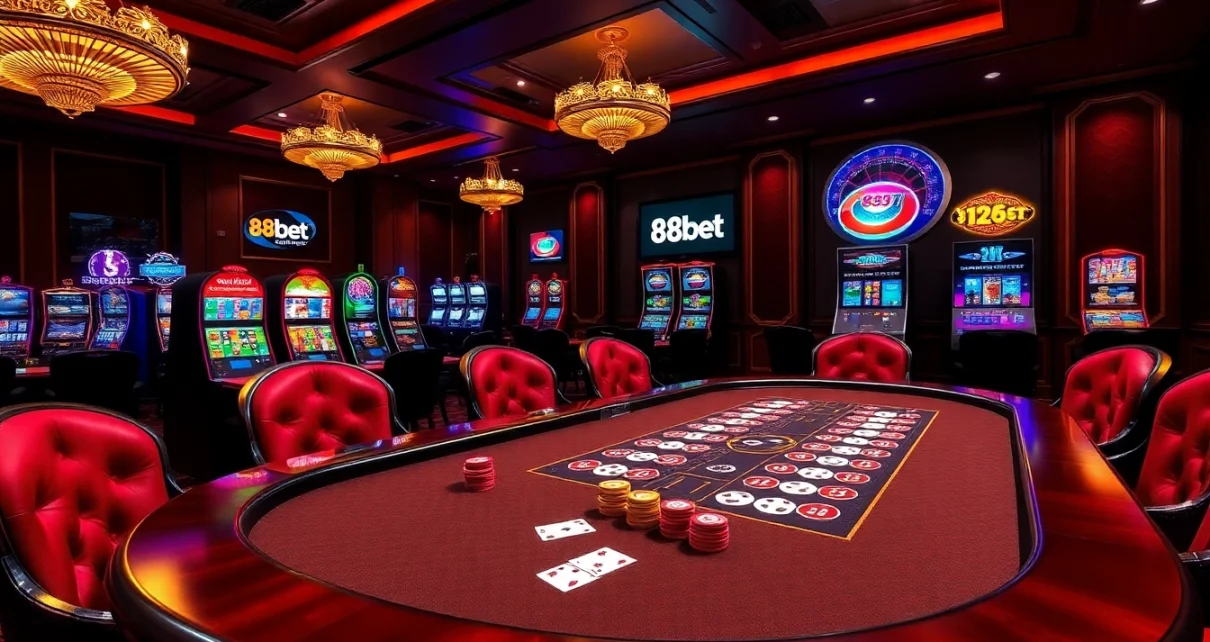 Experience the thrill of gambling with 88bet on a luxurious casino table filled with vibrant chips and cards.