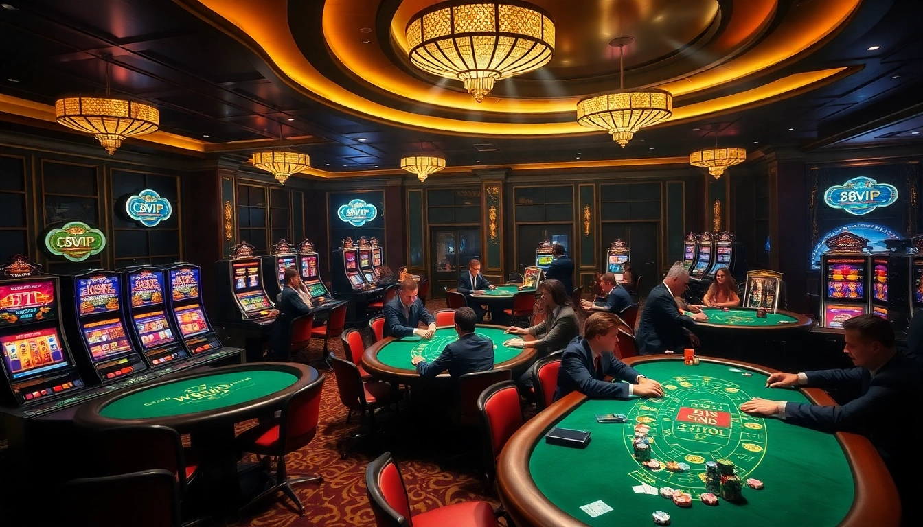 Experience the thrilling ambiance of 68VIP's luxurious casino gaming environment with vibrant tables and players.