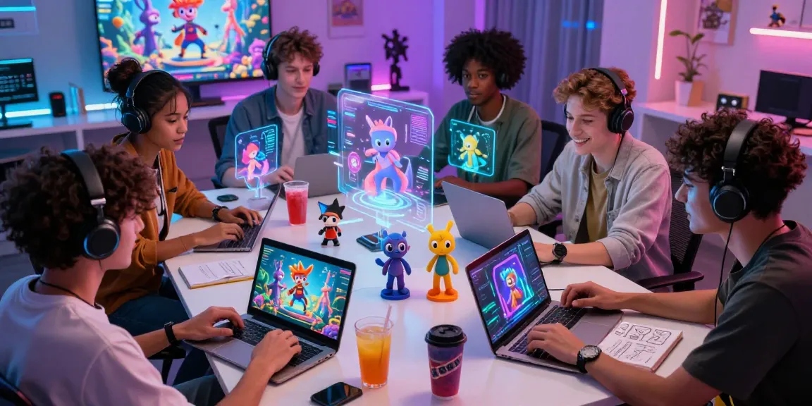 Interactive AI roleplay scene showcasing diverse friends using devices to create character stories.