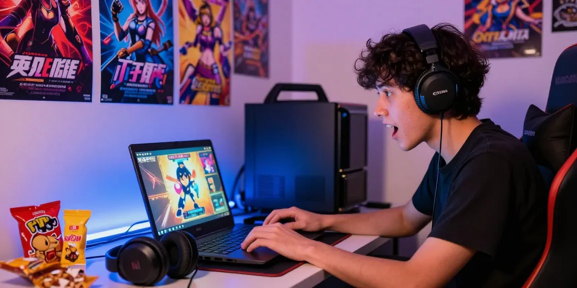 Excited gamer engaging in a hentai game with vibrant atmosphere and gaming setup.