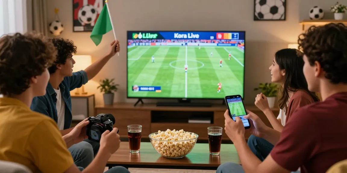 Kora live football match scene with friends cheering in cozy living room.